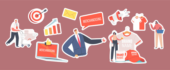 Set of Stickers Merchandising. Characters with Promotional Products for Brand Identity. Businessman Presenting T-Shirt