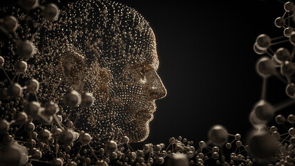 Human face formed by the fusion of golden atoms. 3D rendering.