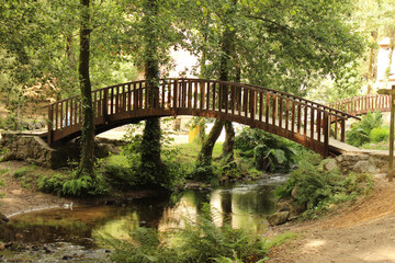 Fototapeta na wymiar Wooden bridge over the river, next to the nature park of the Barosa river mills.