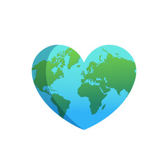 Heart with white world map isolated on white background. World health day concept.  Happy earth day. Vector stock