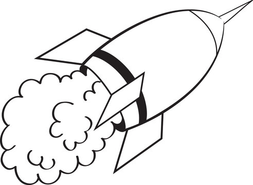 Black And White Illustration Of A Rocket Ship Blasting Off.