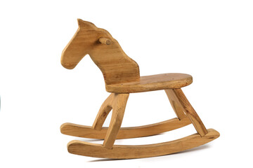 A Hand crafted wooden rocking horse child's toy isolated on white - obrazy, fototapety, plakaty