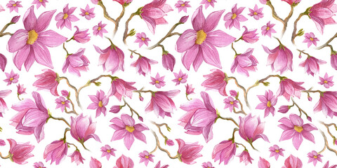 Watercolor Flower pink Magnolia on a white Background. Flowers seamless pattern with packaging and web