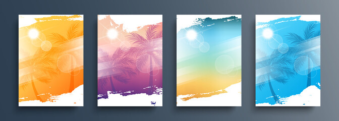 Summertime backgrounds set with palm trees, summer sun and brush strokes for your graphic design. Sunny Days. Vector illustration. - obrazy, fototapety, plakaty