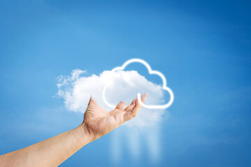 Cloud computing concept , close up  with cloud over his hand background. information technologist with cloud the business concept.