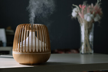 Close-up of tylish aroma oil diffuser on the background of a vase of flowers. Comfortable home...