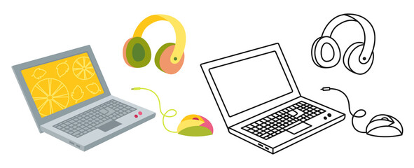 Laptop computer flat cartoon set line icon. Laptop headphones and computer mouse. Back to School hand drawn cartoon sign. Education or working workspace computer concept icon kit. Vector illustration