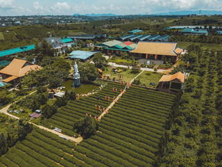 Aerial view of Tea Pagoda (Vietnamese language is Chua Tra) in Bao loc city, Lam Dong province,...
