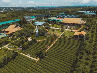 Aerial view of Tea Pagoda (Vietnamese language is Chua Tra) in Bao loc city, Lam Dong province,...