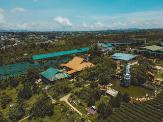 Aerial view of Tea Pagoda (Vietnamese language is Chua Tra) in Bao loc city, Lam Dong province,...