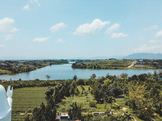 Aerial view of Tea Pagoda (Vietnamese language is Chua Tra) in Bao loc city, Lam Dong province,...