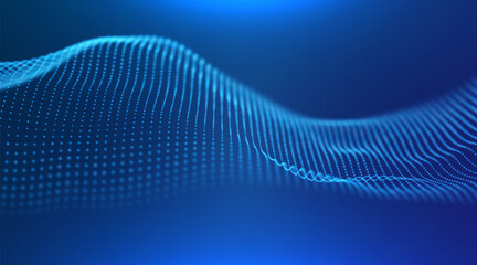 Dynamic blue particle wave. Abstract sound visualization. Flow digital structure. Mesh landscape or grid data technology.