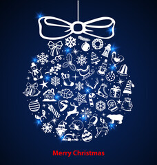 Merry Christmas and Happy New Year decoration, winter holiday elements arranged in circle as hanging xmas tree ball with bow. in blue and white color