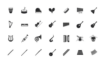 Icon set of musical instruments. Drum section, wind instruments, strings, percussion.