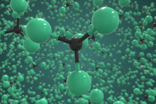 Trichlorofluoromethane molecule, ball-and-stick molecular model. Chemical 3d rendering