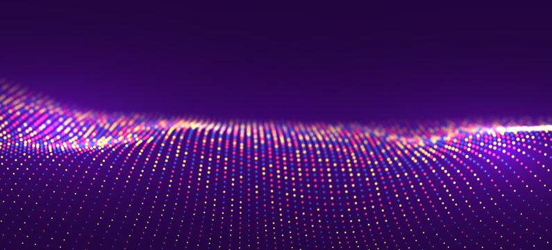 Wave Of Purple Particles. Abstract Technology Flow Background. Sound Mesh Pattern Or Grid Landscape. Digital Data Structure Consist Dot Elements. Future Vector Illustration.