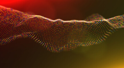 Dynamic gold particle wave. Abstract sound visualization. Flow digital structure. Mesh landscape or grid data technology.
