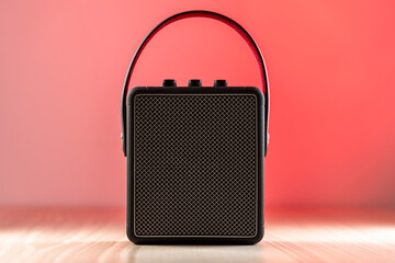 Black bluetooth loudspeaker on a reddish background