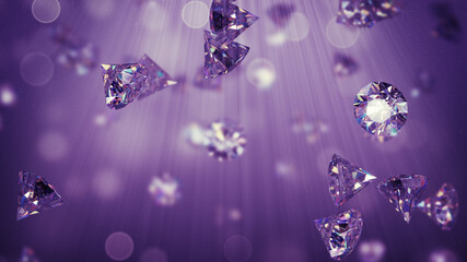 Fototapeta na wymiar Purple amethyst gems in light rays 3D render illustration