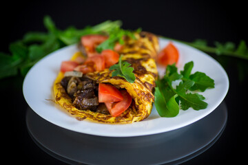 fried egg omelet with wild mushrooms and tomatoes