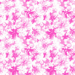 Fototapeta na wymiar Pink watercolor flowers all over seamless floral pattern. 