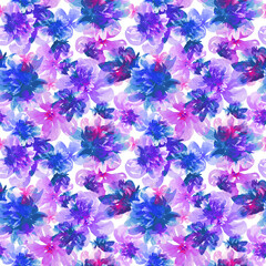 Fototapeta na wymiar Watercolor purple pink and blue flowers seamless floral pattern. 