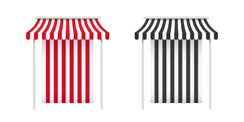 Red and black awnings. Striped awning. Tent sun shade for market on white background. Vector illustration