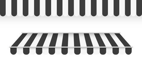 Black awnings. Striped awning. Tent sun shade for market on white background. Vector illustration