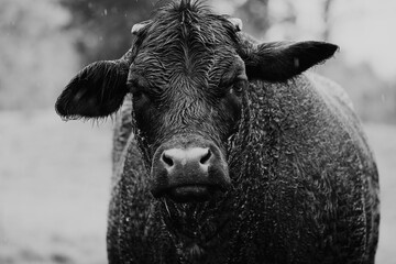 Big cow in rainy weather of spring season with wet fur in farm field and blurred background.