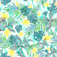 Gordijnen Summer tropical seamless pattern with exotic leaves and plumeria flowers on a blue background.  © AineGing