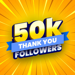 50000 followers banner with blue ribbon. Poster with thanks to subscribers on social networks. Vector illustration. - obrazy, fototapety, plakaty
