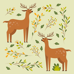 Two deer in floral pattern vector illustration