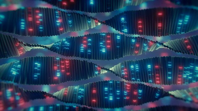 Synthetic DNA or artificial intelligence visualization. Futuristic technologies background. 3D render VJ loop animation