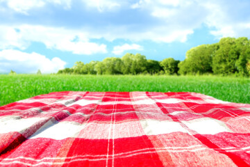 Summer background of blanket on grass and free space for your decoration. 