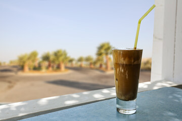 Coffee on summer beach and free space for your decoration. 