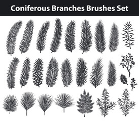 Collection of Evegreen coniferous trees branches silhouettes Brushes in black color for your christmas, winter, seasonal designs. included in brush library.