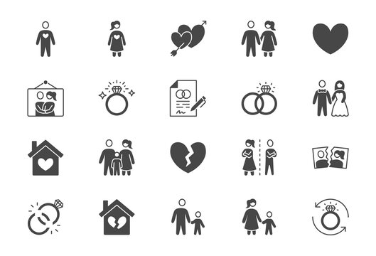 Relationship status glyph flat icons. Vector illustration include icon - husband, bachelor, wife, marriage, rings, divorce, wedding silhouette pictogram for marital condition