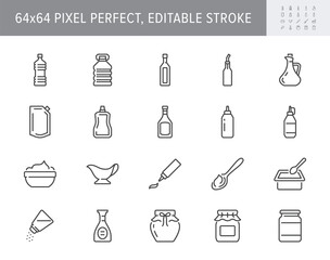Fototapeta Sauces line icons. Vector illustration include icon - jug, cup, vinegar, mayonnaise, ketchup, sour cream, cheese sauce, outline pictogram for food spice. 64x64 Pixel Perfect, Editable Stroke obraz