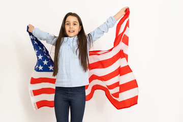 Learn English Language Online Education Concept, little girl and american flag