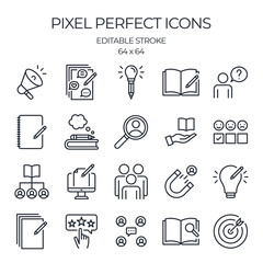 Brand storytelling and inbound marketing concept editable stroke outline icons set isolated on white background flat vector illustration. Pixel perfect. 64 x 64.