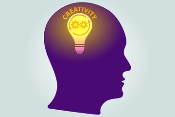 Abstract creativity vector illustration in flat cartoon style. Head shape,light bulb with gear. Innovation, brainstorming, concept design.