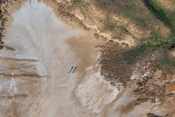 Aerial top-down picture featuring two persons going across a dry surface of a salt lake laying among flat desert land with rare vegetation casting long shadows in the low morning sun