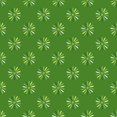Field nature seamless pattern with geometric ditsy flower shapes ornament. Bright green background.