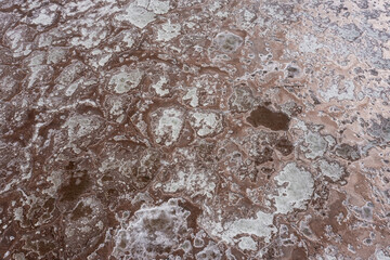 Abstract pattern of brown and white fractal structures actually a top-down aerial view to drying surface of a salt lake