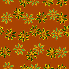 Scrapbook seamless doodle pattern with green random contoured carnation flowers elements.