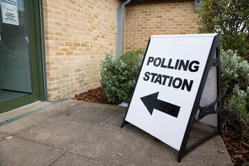 Polling station sign outside the entrance to a political voting location in UK