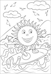 The sun is surfing on the beach Summer Holiday Coloring page