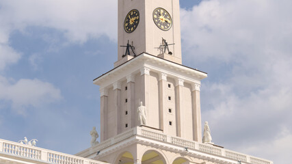 North River Terminal (Severny Rechnoy Vokzal). Clock tower decorated with sculptures and anchors. Moscow, Russia