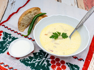 delicious beef tripe soup, balkan romanian dish served with sour cream and hot pepper