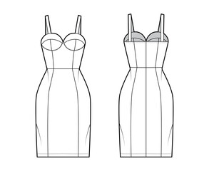 Zip-up tube dress technical fashion illustration with bustier, sleeveless, shoulder straps, fitted body, knee length skirt. Flat garment apparel front, back, white color style. Women, men unisex CAD